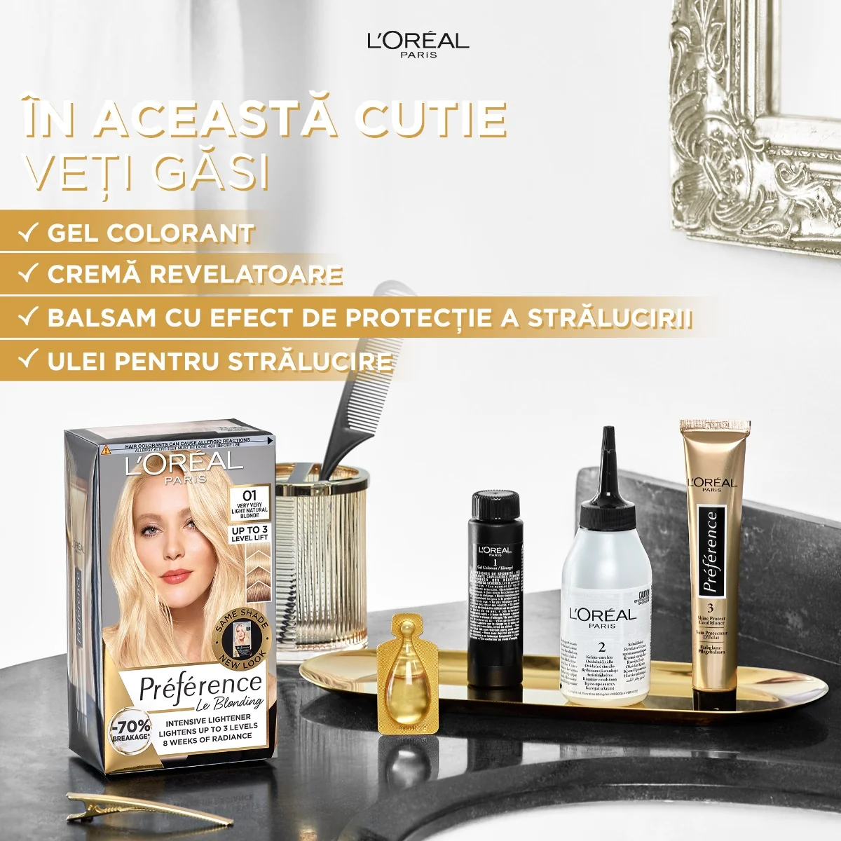 Vopsea de par permanenta cu amoniac Preference Le Blonding 01 Blond Natural foarte deschis, 178ml, L'Oreal Paris 