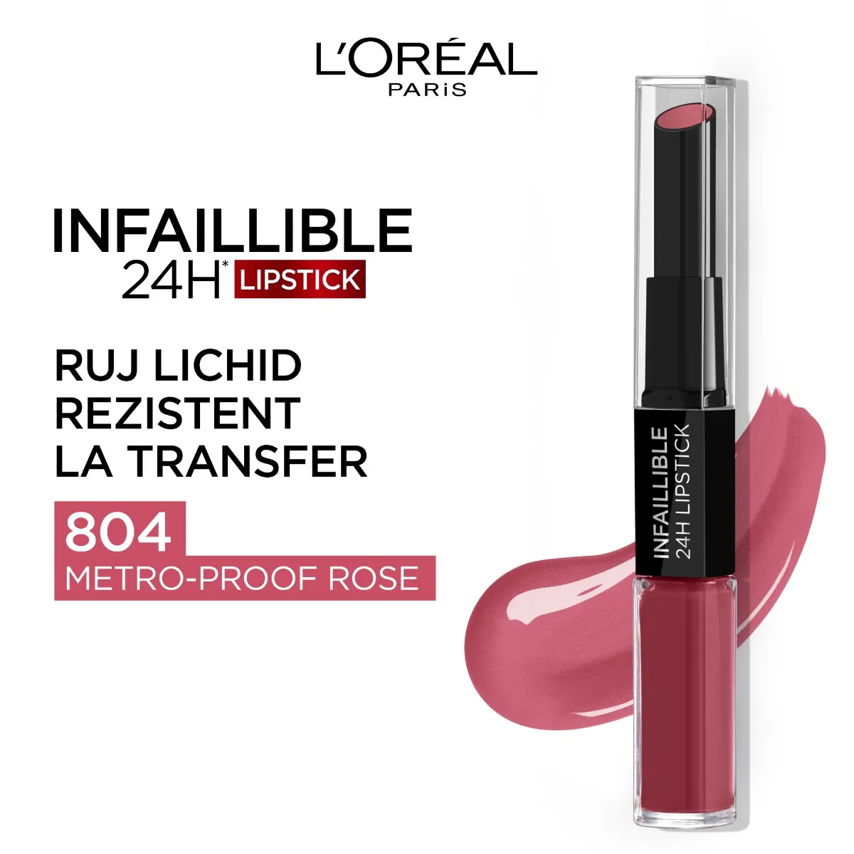 Ruj lichid rezistent la transfer Infaillible Long Lasting Parisian Nudes 804 Metro-Proof Rose, 5.6ml, L'Oreal 