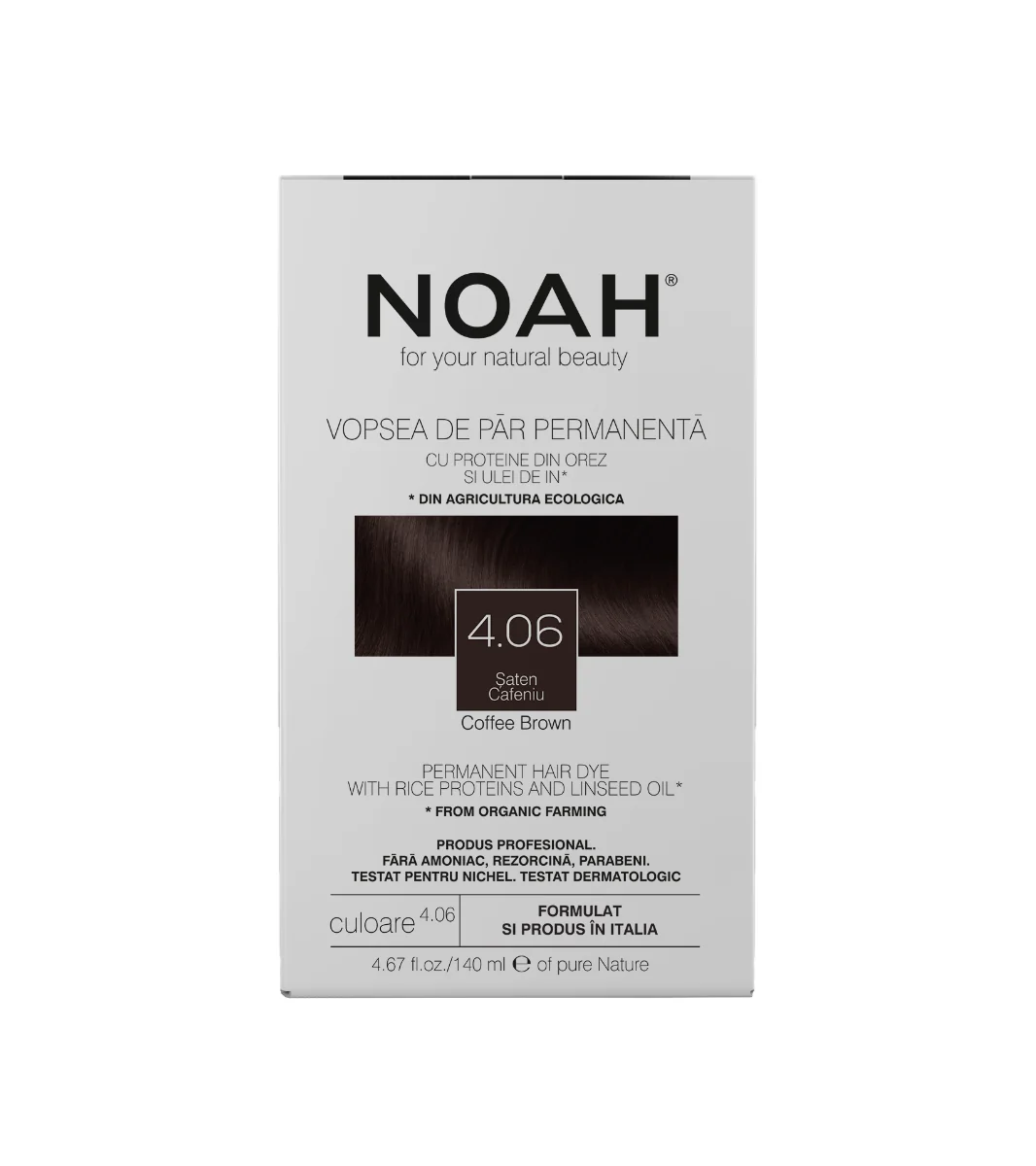 Vopsea de par naturala Saten cafeniu (4.06), 140ml, Noah 