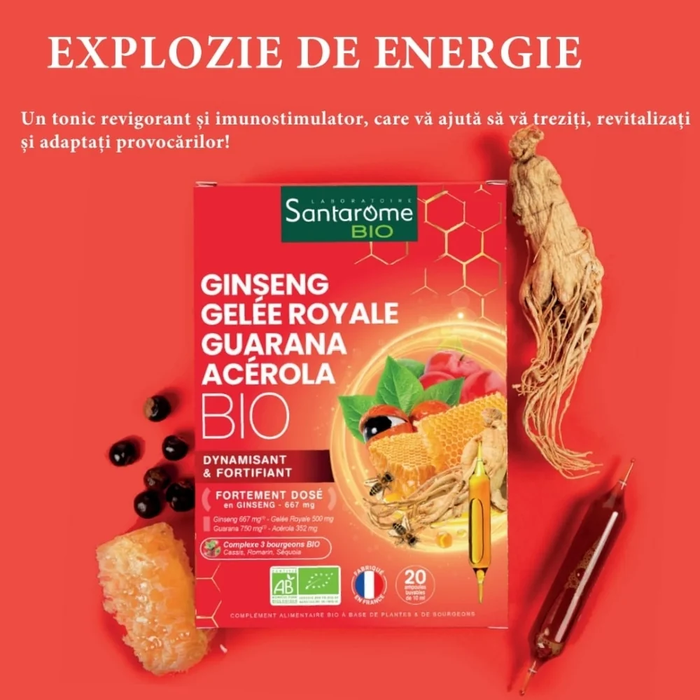 Ginseng Gelee Royale Guarana Acerola Bio, 20 fiole, Santarome Bio 