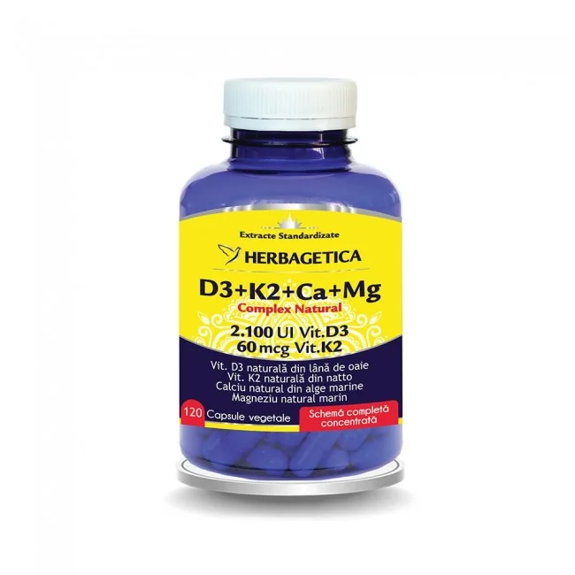 Complex Natural D3+K2+Ca, 120 capsule vegetale, Herbagetica