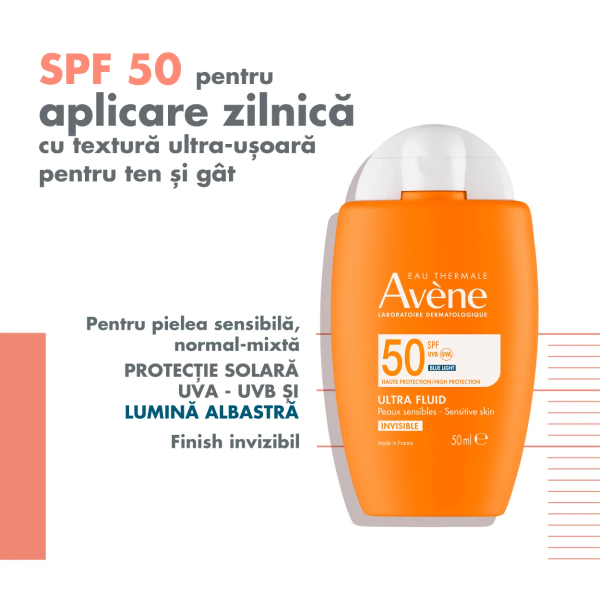 Fluid invizibil cu protectie solara pentru piele normala si mixta SPF50+ Ultra Triasorb, 50ml, Avene 