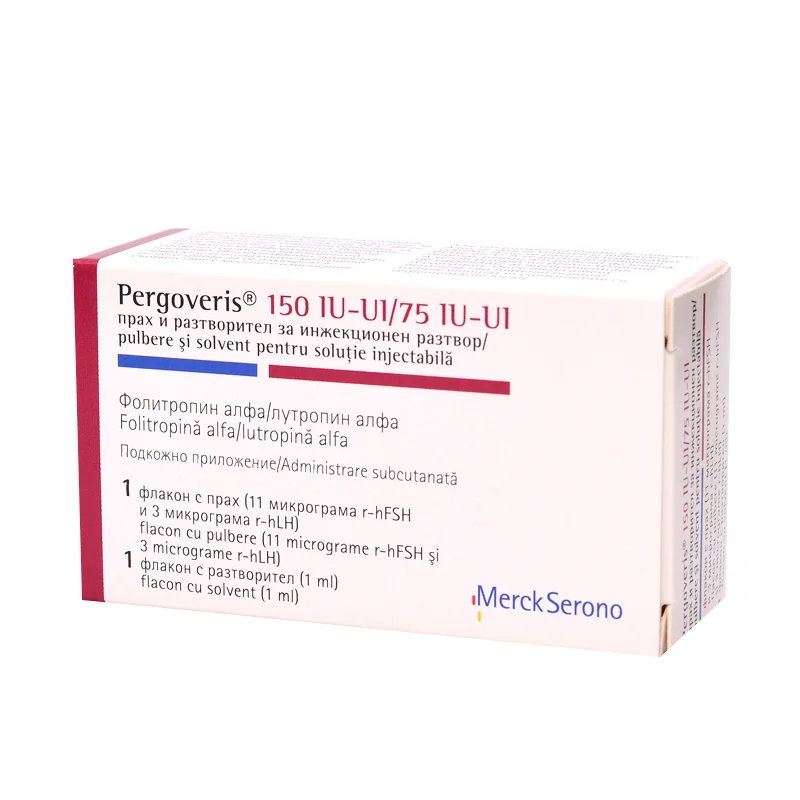 Pergoveris 150UI/75UI Follitropinum Alfa + Lutropinum Alfa, 1 flacon pulbere  + 1 flacon solvent, Merck