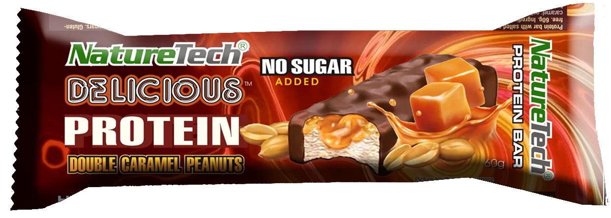 Baton energizant cu dublu caramel si alune Delicious, 60g, Nature Tech