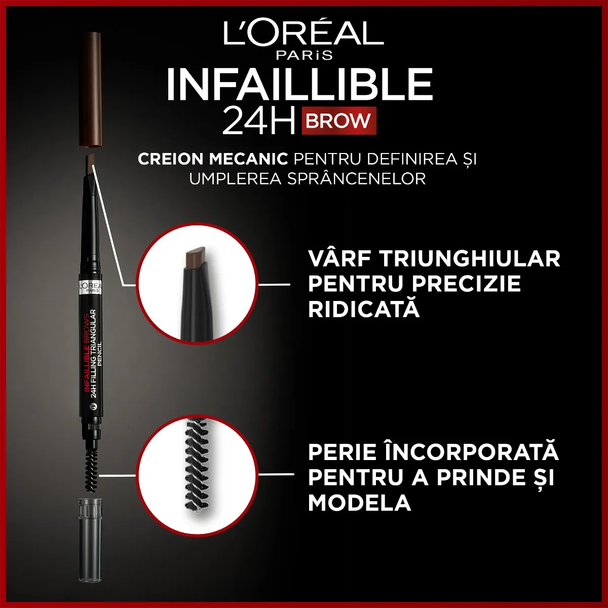 Creion de sprancene Infaillible Brows 245 Triangular 5.0 Light Brunette, 1ml, L'Oreal Paris 