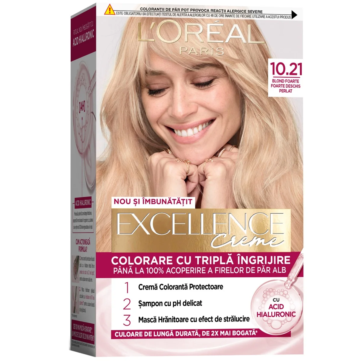 Vopsea de par permanenta Excellence Creme 10.21 Blond Foarte Deschis Perlat, 192ml, L'Oreal Paris 