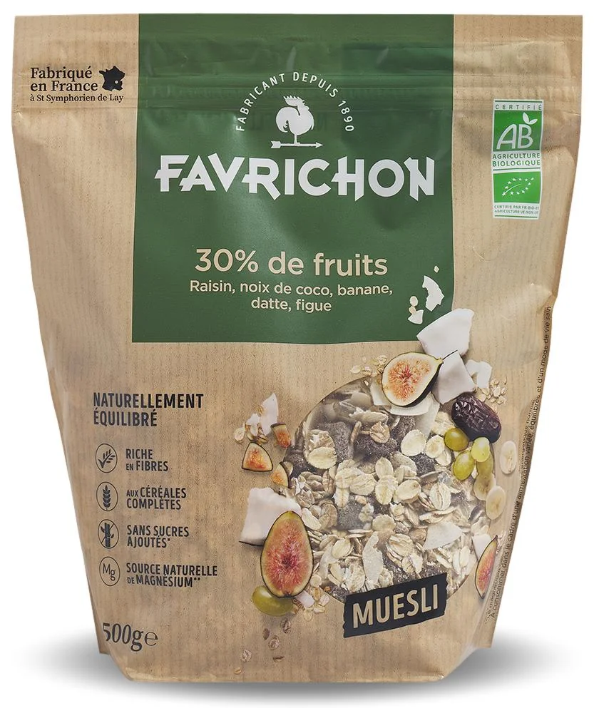 Musli bio traditional cu 30% continut de fructe si nuci, 500g, Favrichon