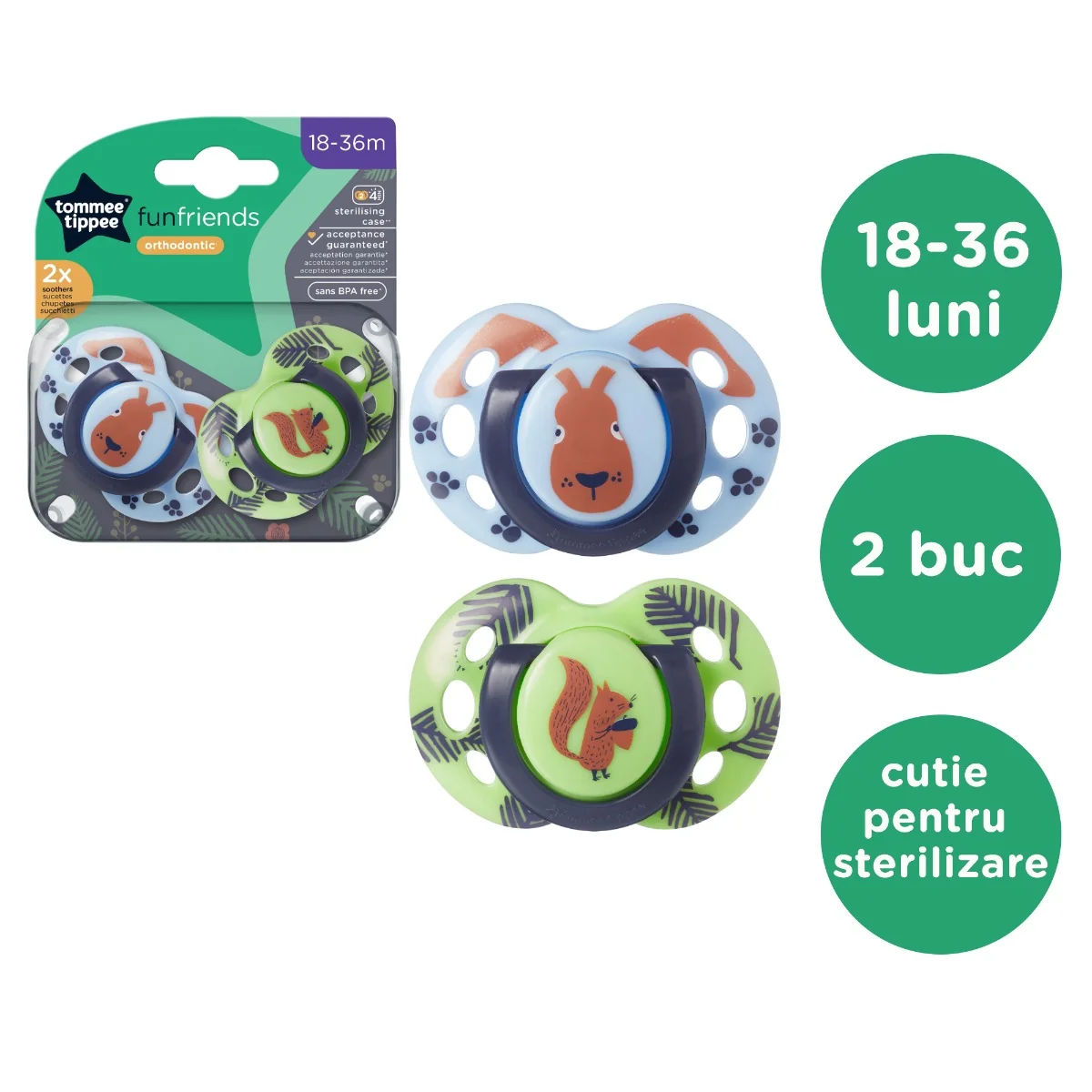 Suzeta ortodontica pentru 18-36 luni Fun Albastru/Verde 2 bucati, Tommee Tippee 