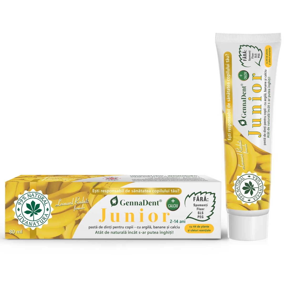 Pasta de dinti naturala cu argila si banane GennaDent Junior, 80ml, VivaNatura