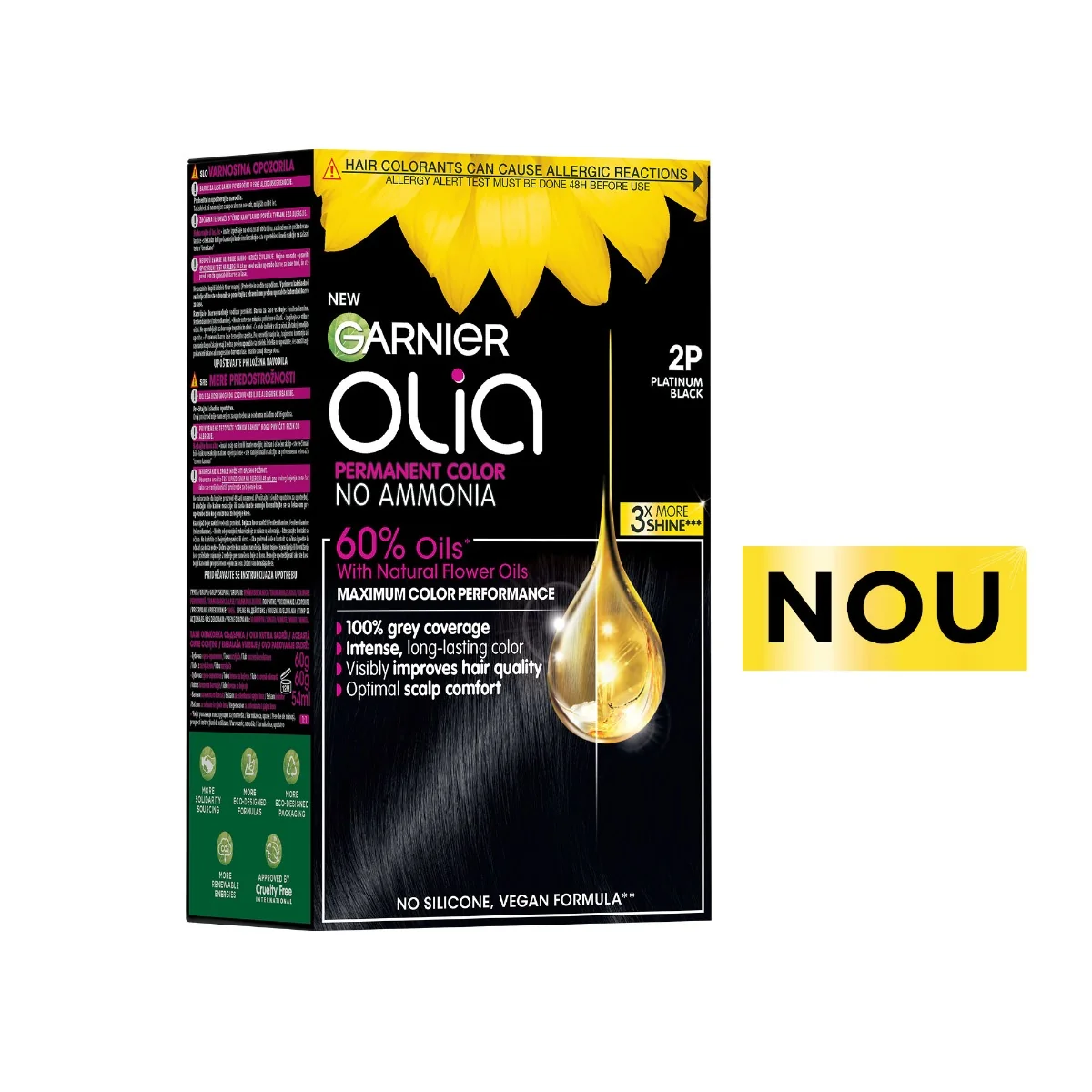 Vopsea de par permanenta fara amoniac 2P Platinum Black Olia, 174ml, Garnier 