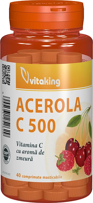 Vitamina C 500mg cu acerola si gust de zmeura, 40 comprimate masticabile, Vitaking