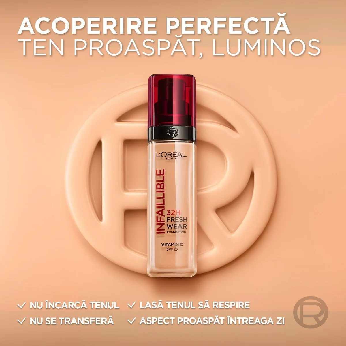 Fond de ten rezistent la transfer Infaillible 32H Fresh Wear 200 Cald, 30ml, L'Oreal Paris 