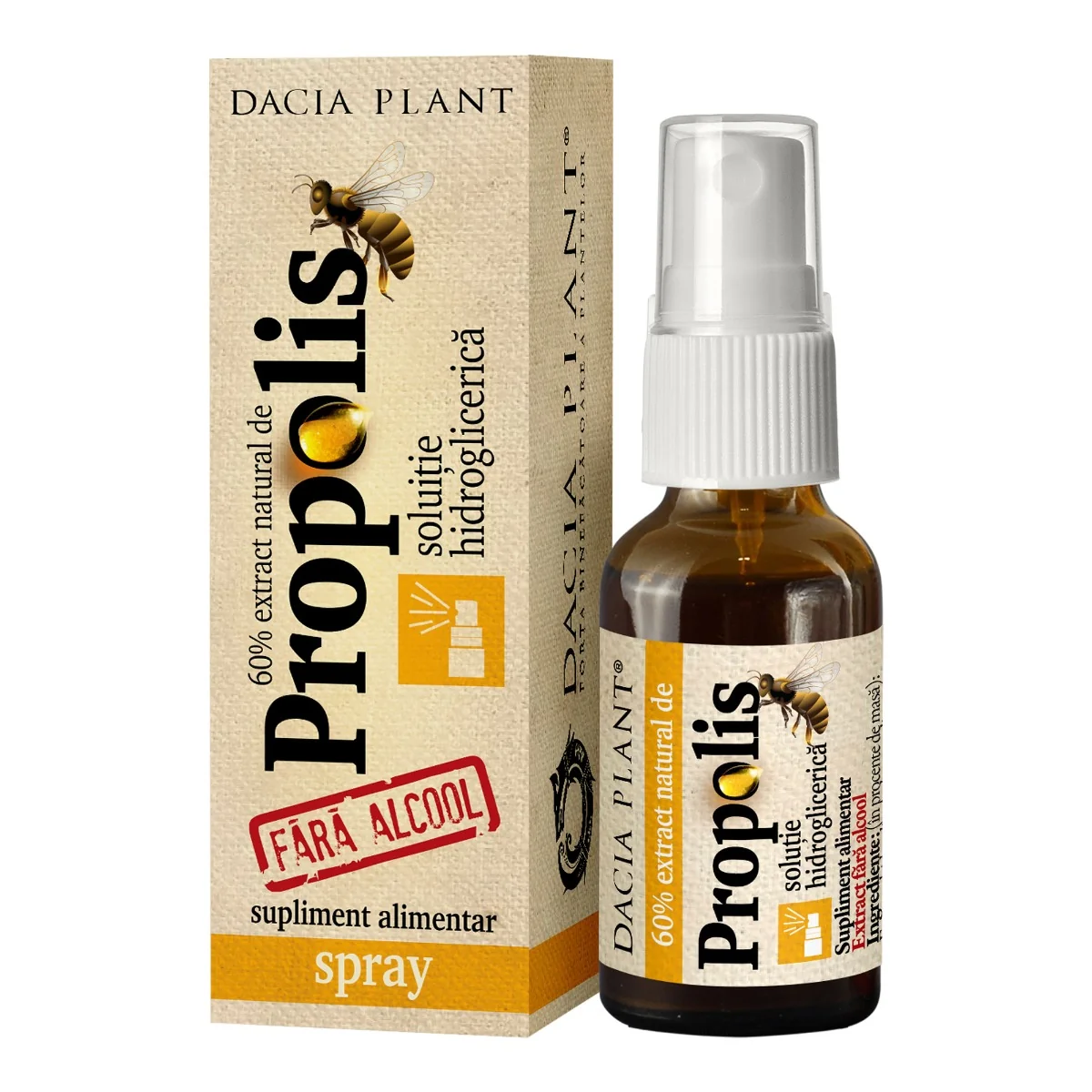 Spray cu extract natural de propolis fara alcool, 20ml, Dacia Plant