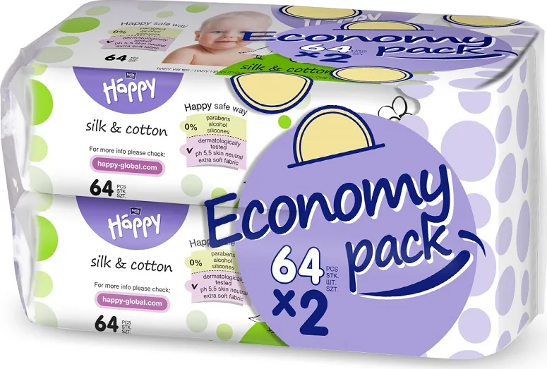 Servetele umede Happy Silk & Cotton, 2 x 64 bucati, Bella Baby