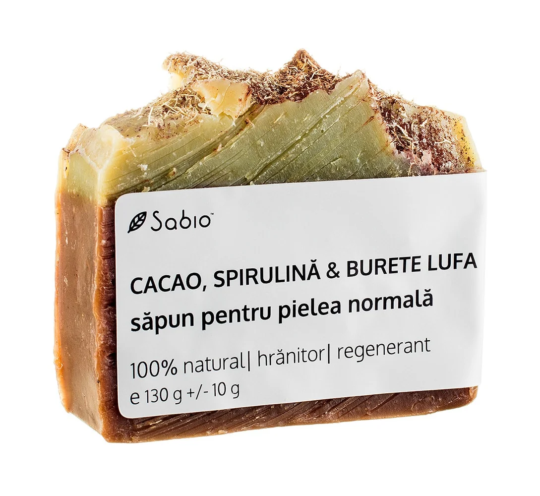 Sapun natural pentru pielea normala cu cacao, spirulina si burete lufa, 130g, Sabio