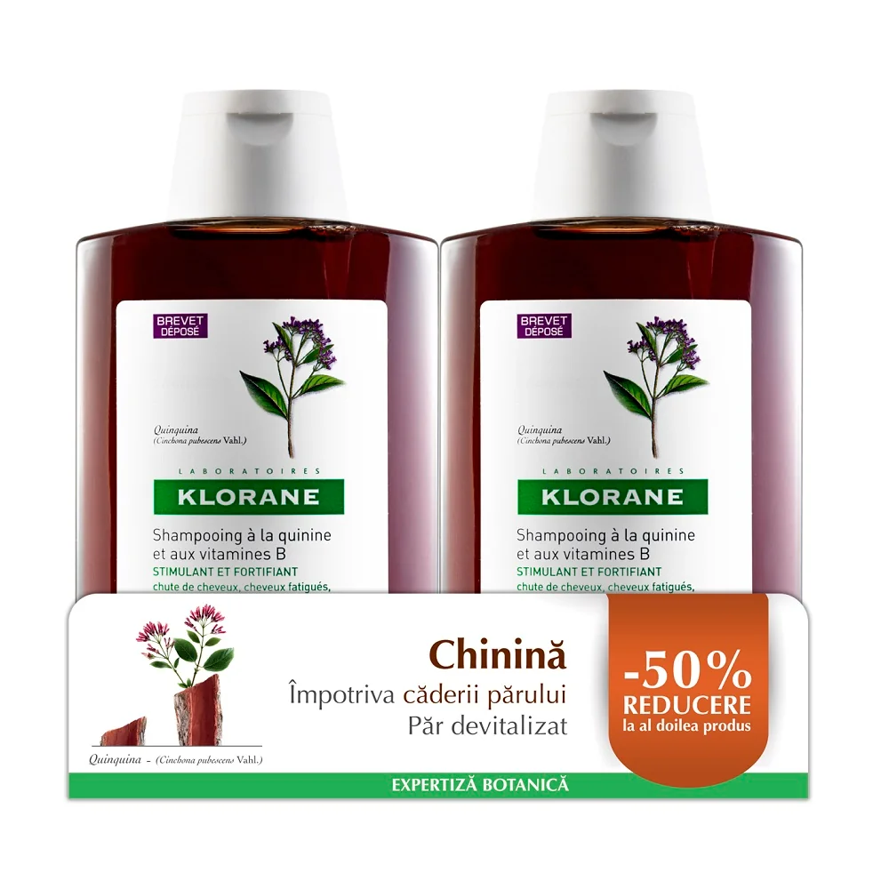 Pachet Sampon cu chinina si vitamina B6 1 + 50% reducere la al doilea produs, 2 x 400ml, Klorane