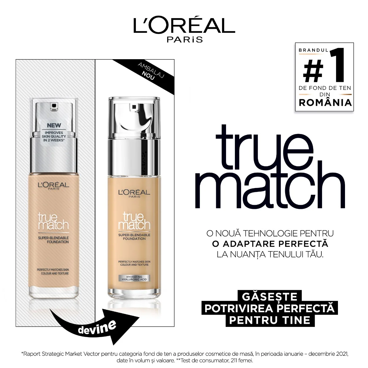 Fond de ten infuzat cu acid hialuronic True Match 2N Vanilla, 30ml, L'Oreal Paris 