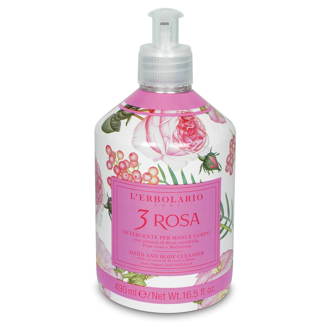 L'Erbolario Gel de dus pentru maini si corp 3 Rosa Editie Limitata 059, 490ml