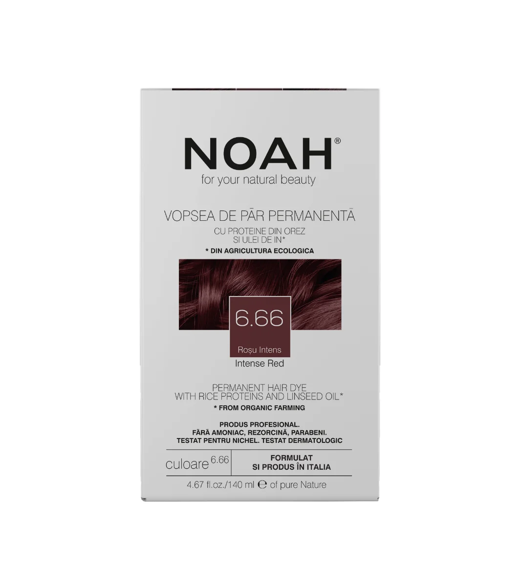 Vopsea de par naturala Rosu inchis (6.66), 140ml, Noah