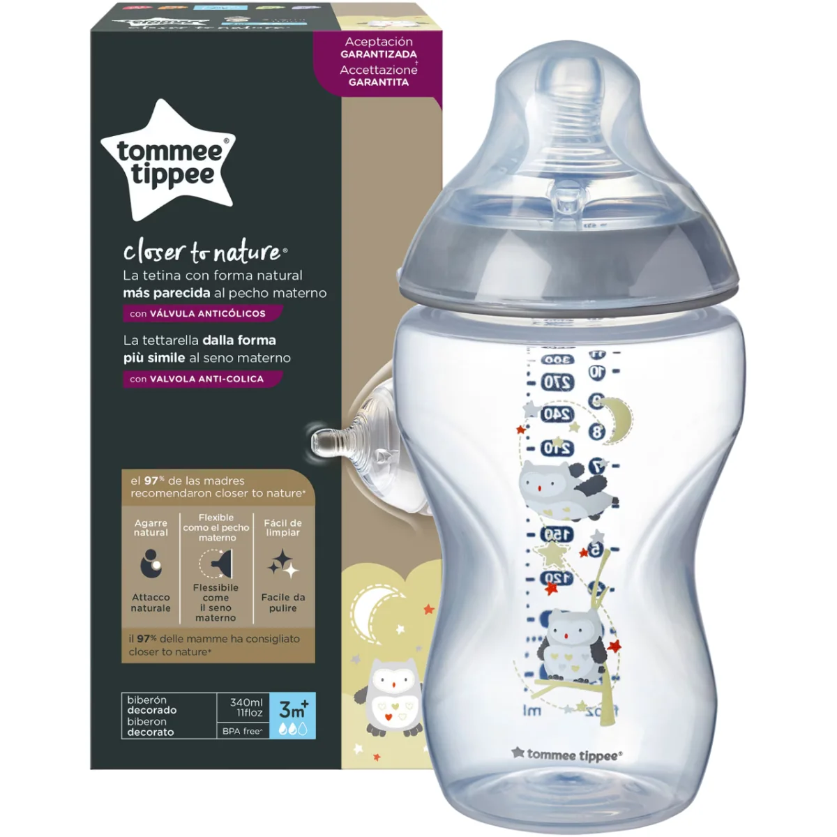 Biberon PP Decorat Closer to Nature Gri +3 luni, 340ml, Tommee Tippee 