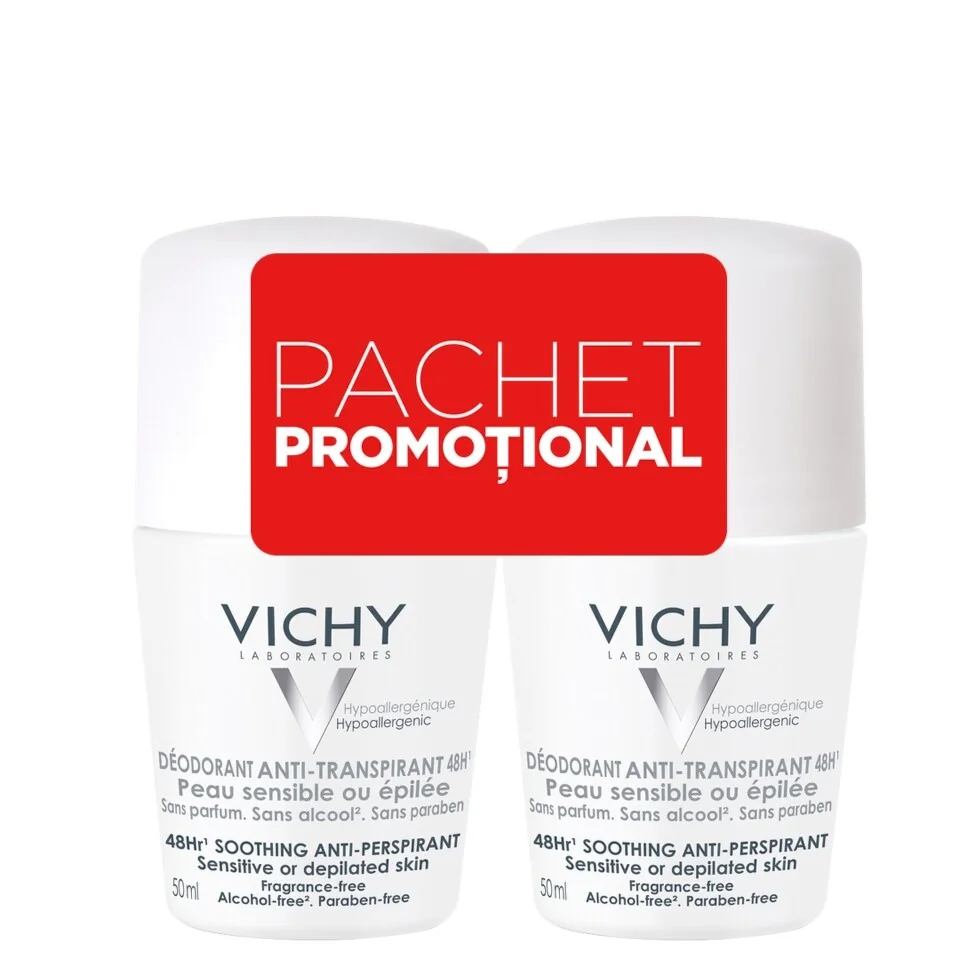 Pachet Promotional Deodorant roll-on antiperspirant 48h, 1 + 50% reducere la al doilea produs, 2x50ml, Vichy 