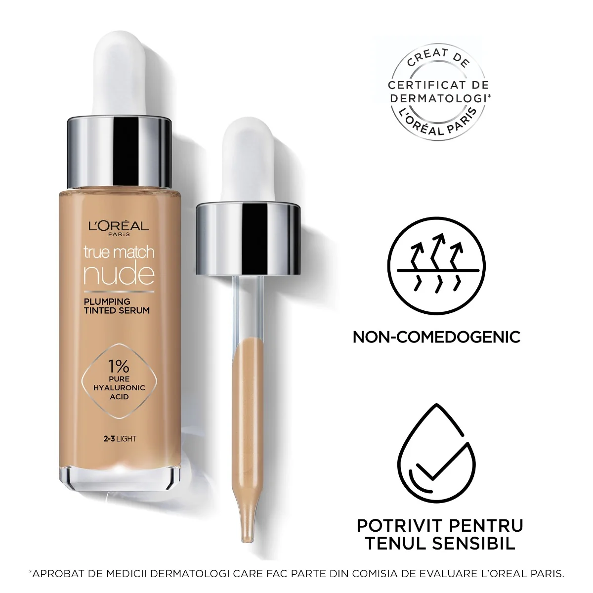 Serum redensificator infuzat cu pigmenti True Match Nude 2-3 Light, 30ml, L'Oreal Paris 