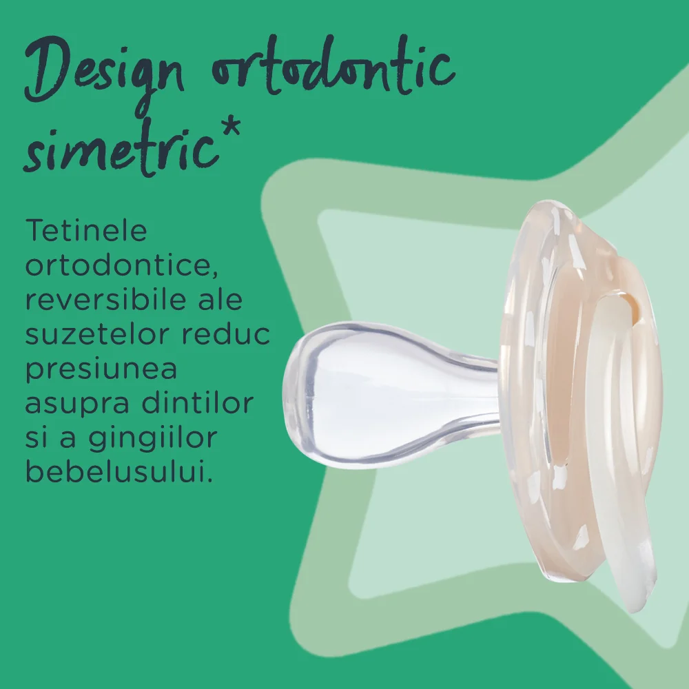 Suzeta ortodontica de noapte pentru 6-18 luni Bej/Gri Steluta, 2 bucati, Tommee Tippee 