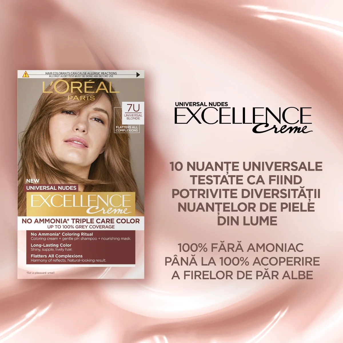 Vopsea de par permanenta fara amoniac Excellence Universal Nudes 7U Blonde, 192ml, L'Oreal Paris 