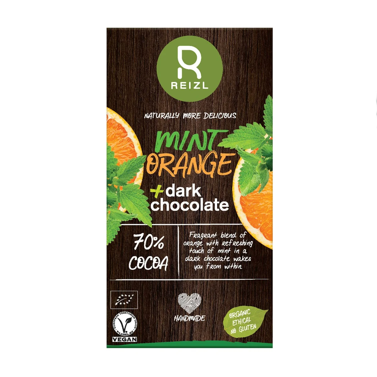 Ciocolata neagra 70% cacao cu Menta si Portocala, 70g, Reizl