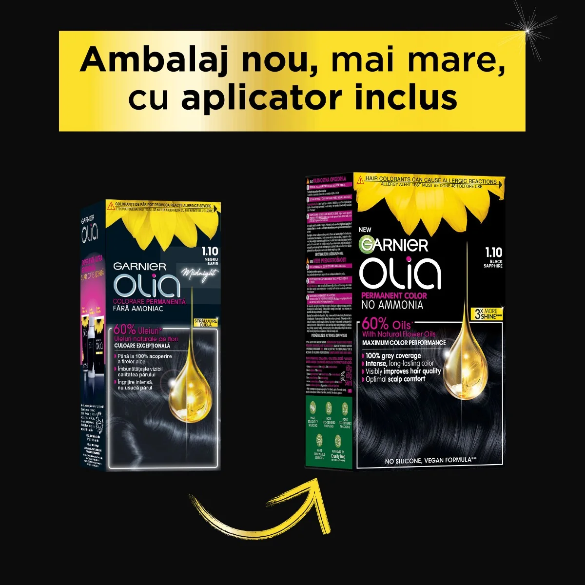 Vopsea de par permanenta fara amoniac 1.10 Black Sapphire Olia, 174ml, Garnier 