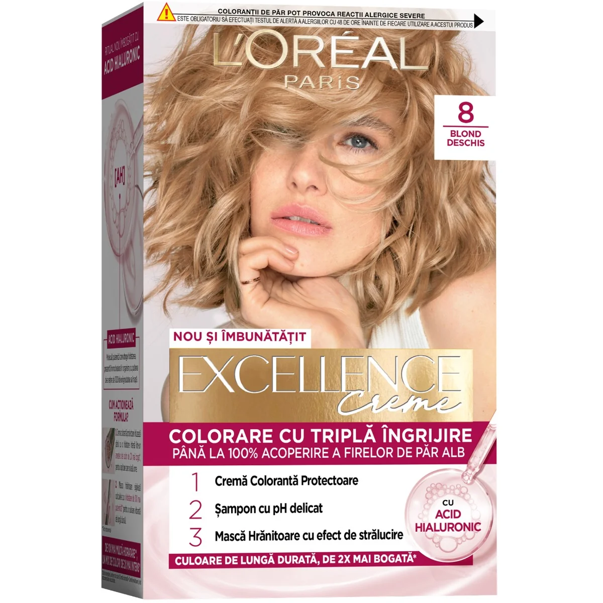 Vopsea de par permanenta Excellence Creme 8 Blond Deschis, 192ml, L'Oreal Paris 