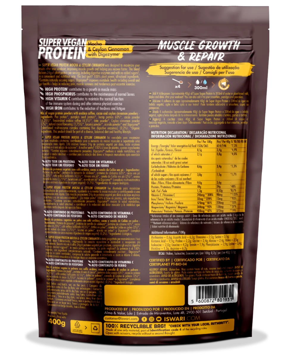 Proteina Super Vegana bio mocha si scortisoara de ceylon cu DigeZyme, 400g, Iswari 