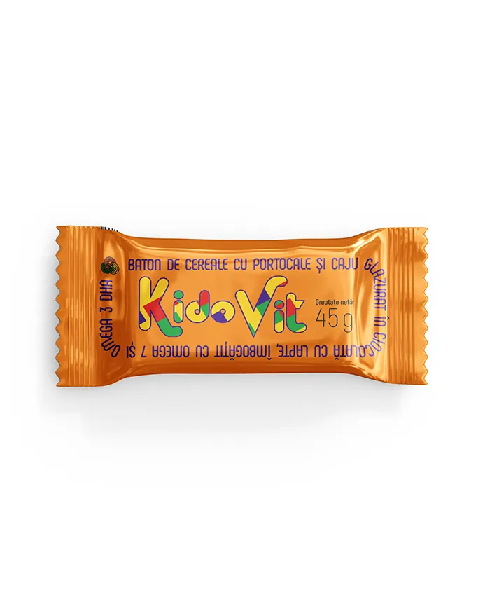 Baton de cereale cu portocale si caju, 45g, Kidovit