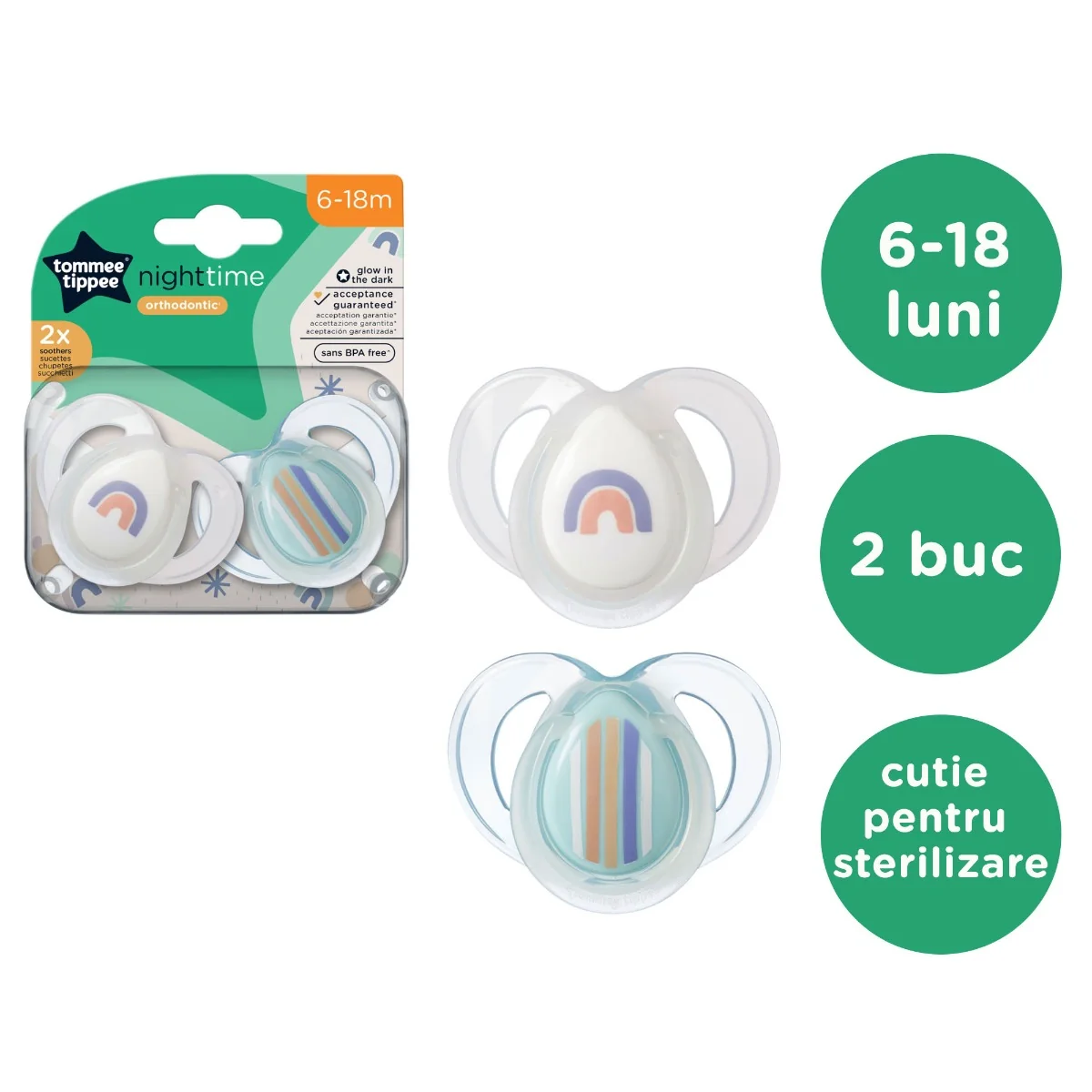 Suzeta ortodontica de noapte pentru 6-18 luni Alb/Turcoaz Curcubeu, 2 bucati, Tommee Tippee 