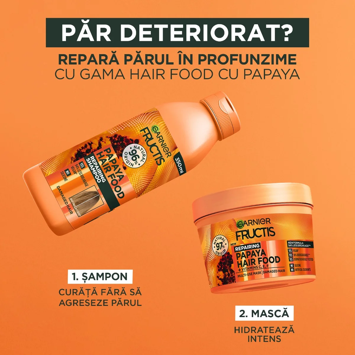 Sampon pentru parul deteriorat Hair Food Papaya, 350ml, Fructis 