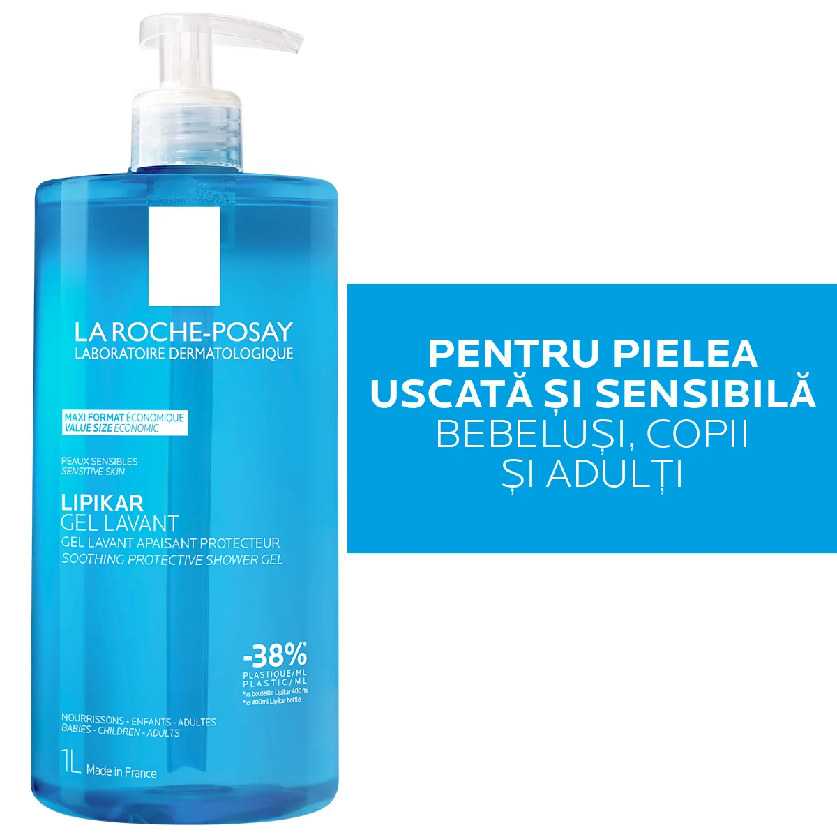 Gel de curatare pentru piele sensibila bebelusi copii si adulti Lipikar, 1000ml, La Roche-Posay 