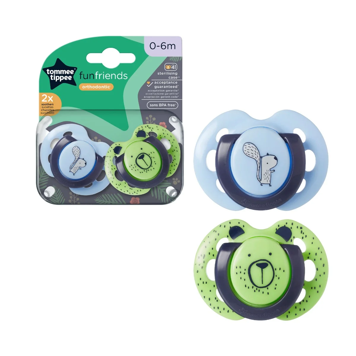 Suzeta ortodontica pentru 0-6 luni Fun Albastru/Verde, 2 bucati, Tommee Tippee