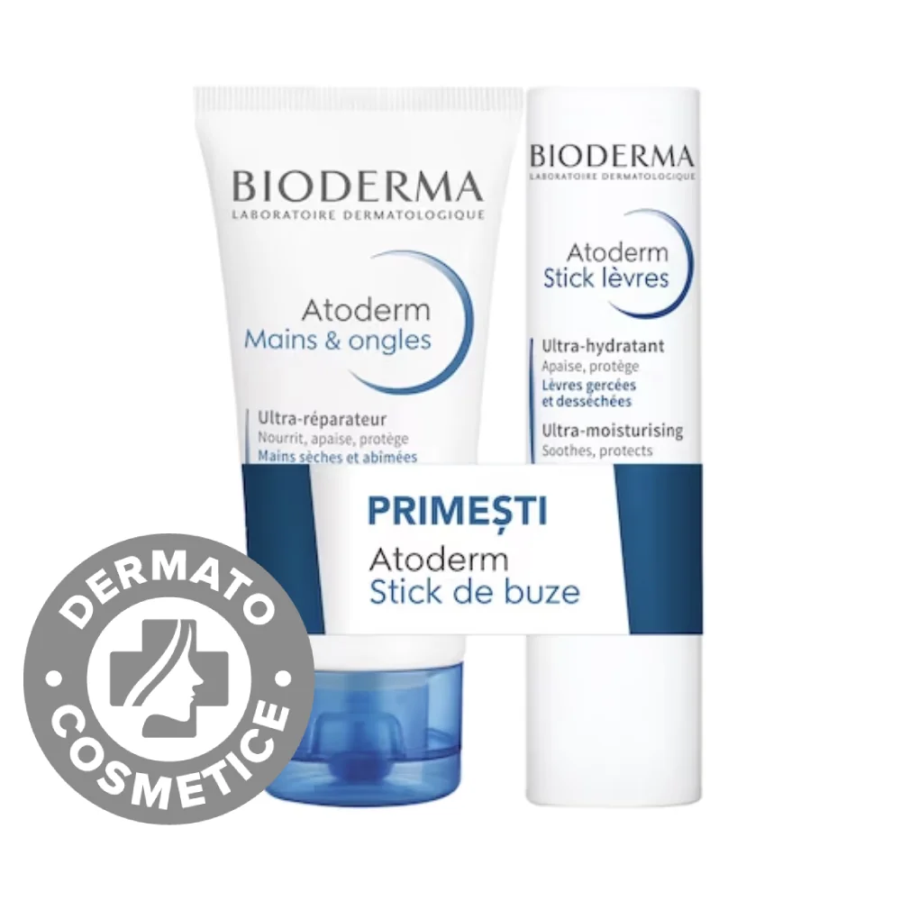 Crema de maini Atoderm 50ml + Stick buze Atoderm 4g, Bioderma