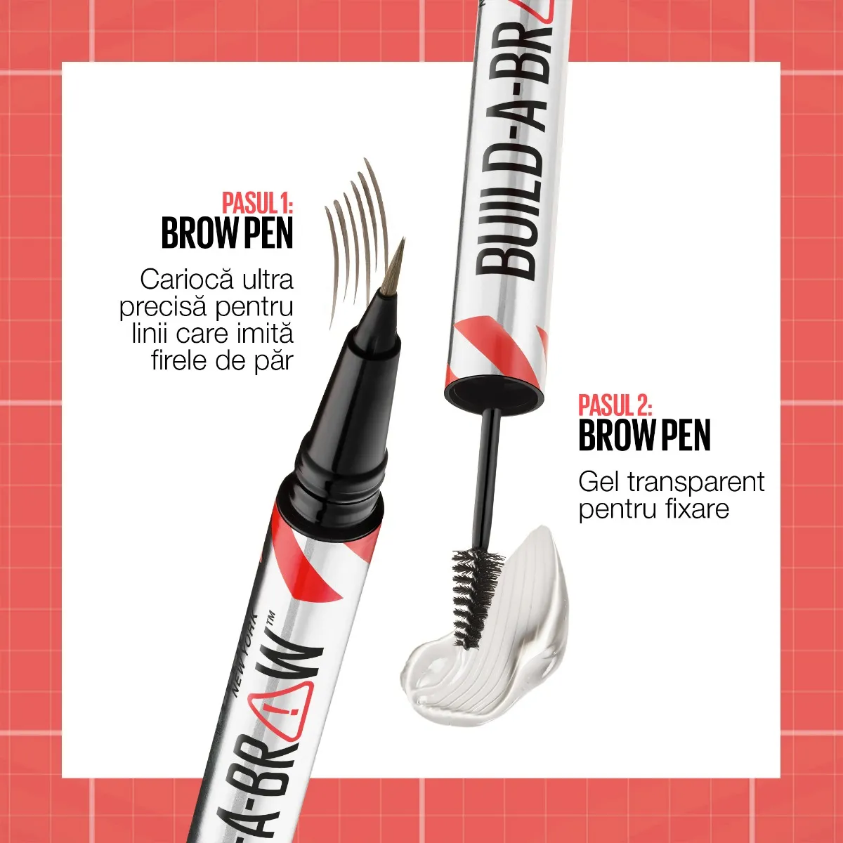 Marker de sprancene si gel de fixare 2 in 1 255 Soft Brown Build a Brow, 1.4g, Maybelline 