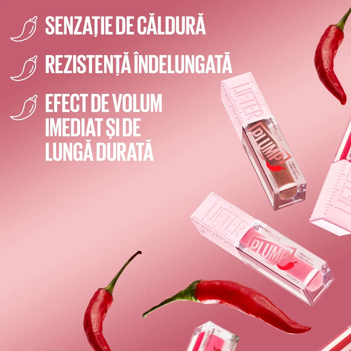 Luciu de buze cu efect de marire Lifter Plump 006 Hot Chili, 5.4ml, Maybelline 