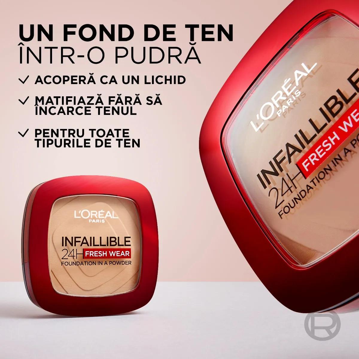 Pudra compacta Infaillible 24h Fresh Wear Golden Beige 220 Sand, 9g, L'Oreal Paris 