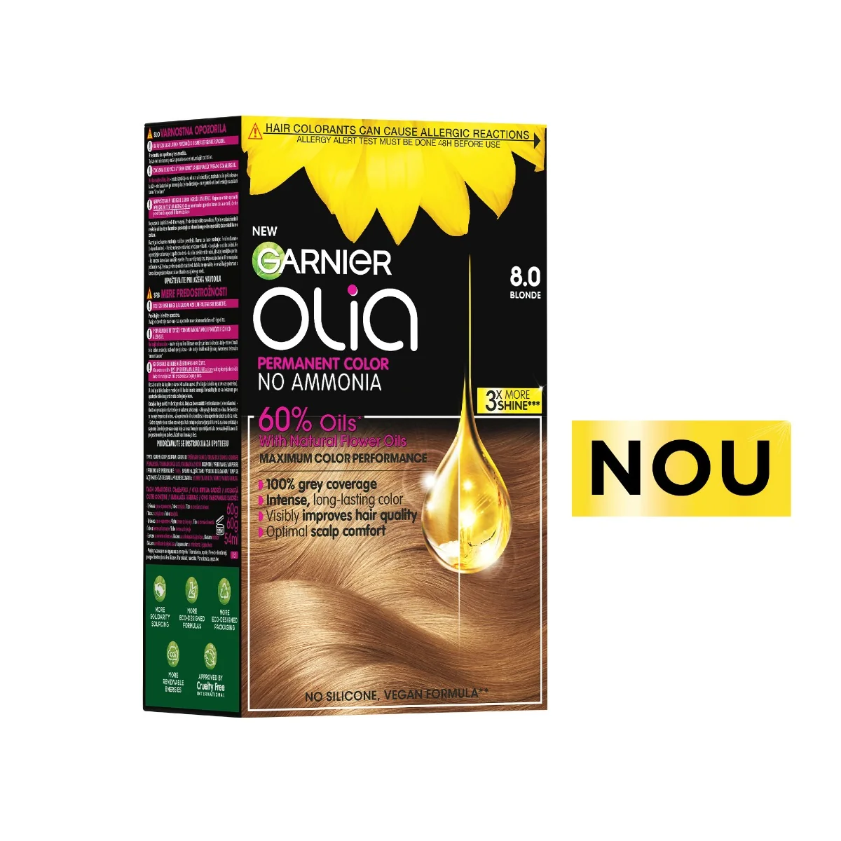 Vopsea de par permanenta fara amoniac 8.0 Blonde Olia, 174ml, Garnier