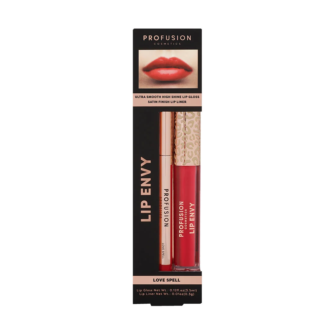 Set Luciu de buze ultra neted si lucios 3.5ml + Creion pentru buze cu finish satinat 0.3g Lip Envy Love Spell, Profusion Cosmetics 