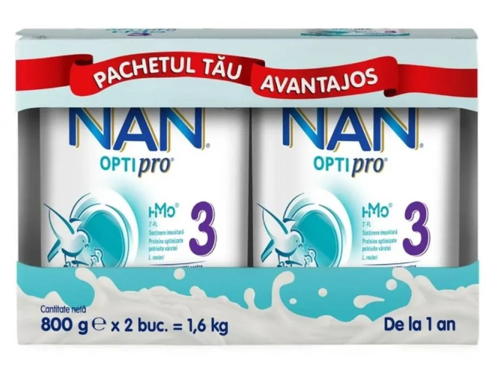 Pachet Nan 3 Optipro 1-2 ani, 2 x 800g, Nestle