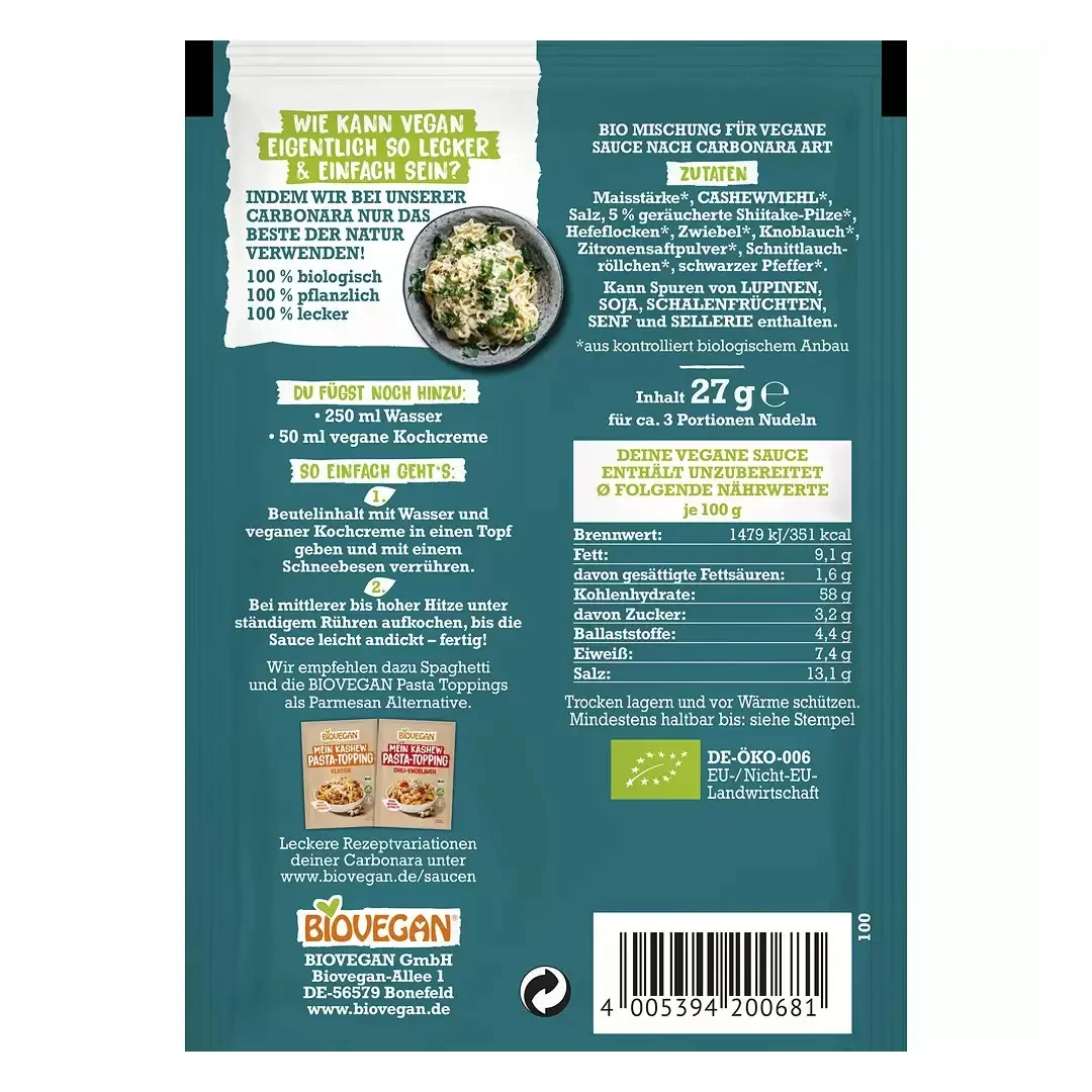 Mix pentru sos carbonara Eco fara gluten, 27g, Biovegan 