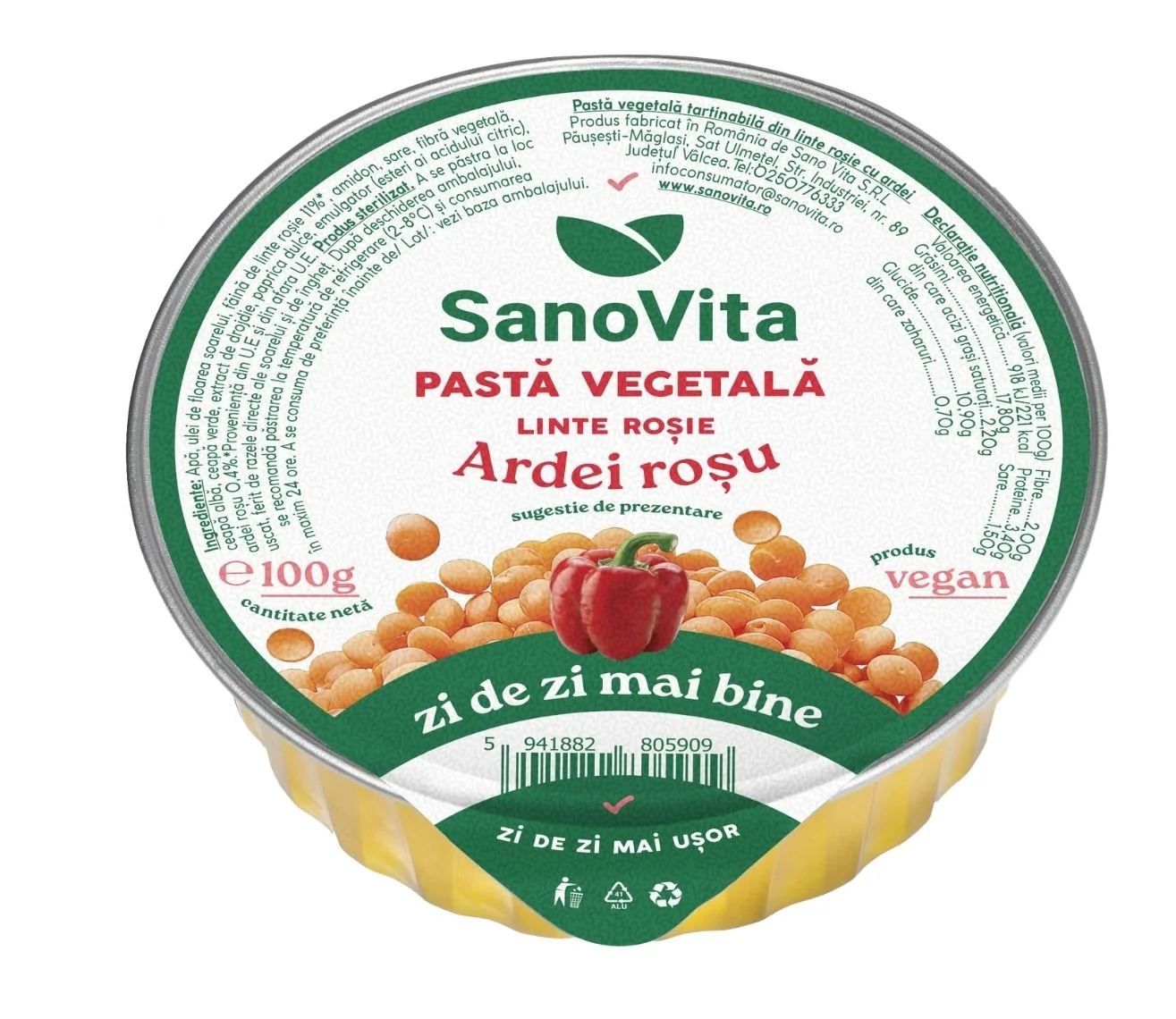 Pasta vegetala tartinabila din linte rosie cu ardei si ceapa VegieLife, 100g, SanoVita 