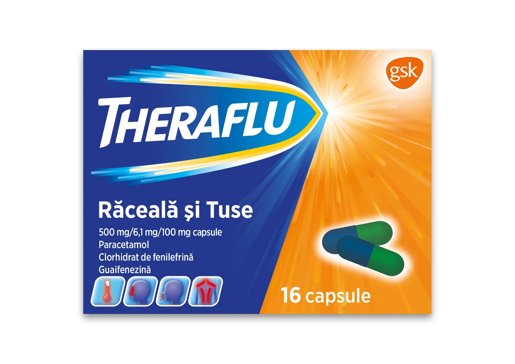 Theraflu raceala si tuse 500 mg/6,1 mg/100 mg, 16 capsule, Haleon