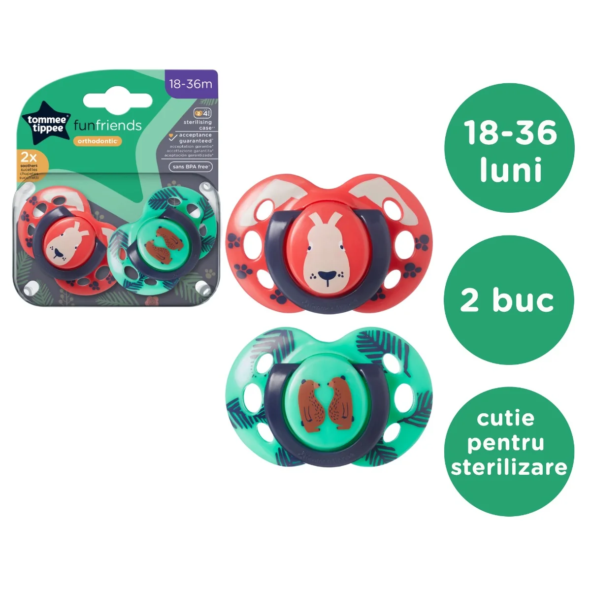 Suzeta ortodontica pentru 18-36 luni Fun Turcoaz/Rosu, 2 bucati, Tommee Tippee 