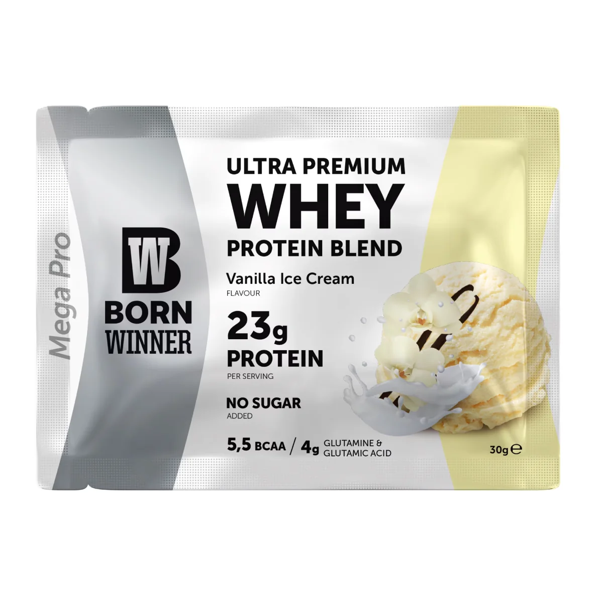 Pudra proteica cu 69% BCAA si aroma de vanilie Mega Pro, 30g, Born Winner