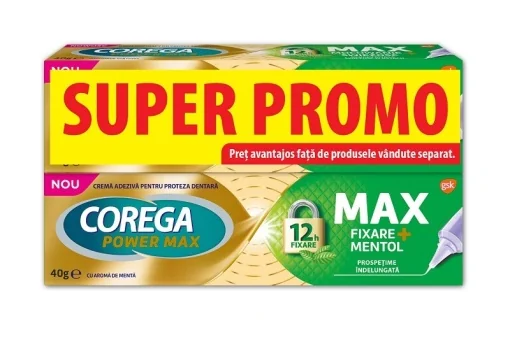 Pachet Crema adeziva pentru proteza dentara Max Fixare+ Mentol 2x 40g, Corega